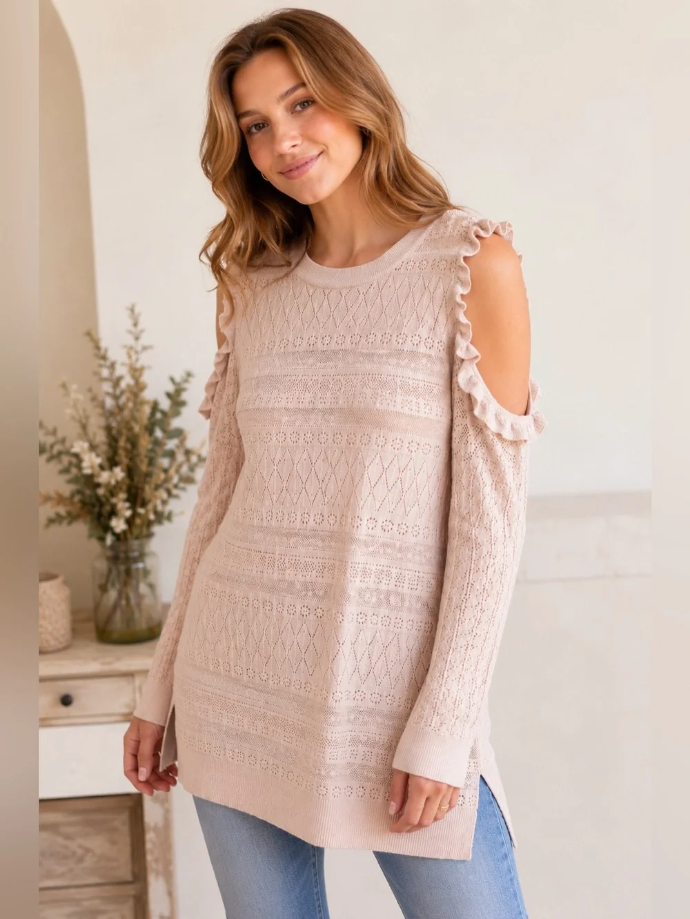 Cold-Shoulder Ruffle Knit Sweater - Blush